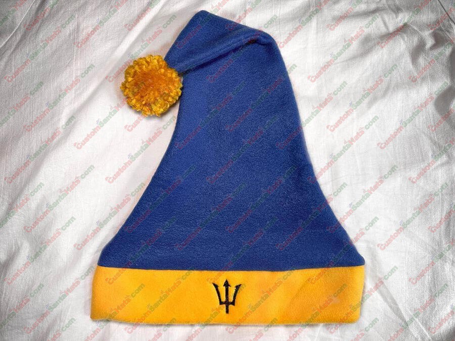 Barbados Flag Santa Hat with Trident - Blue Hat/Gold Brim with Gold Yarn Pom