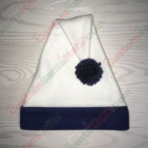 White and Navy Brim Santa Hat Flipped with Navy Yarn Pom