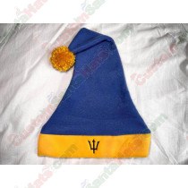 Barbados Flag Santa Hat with Trident - Blue Hat/Gold Brim with Gold Yarn Pom